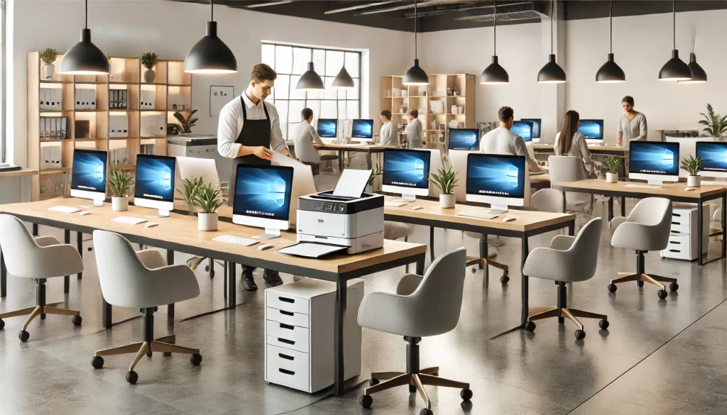 Cyber cafe setup with ergonomic chairs desktop computers on tables |